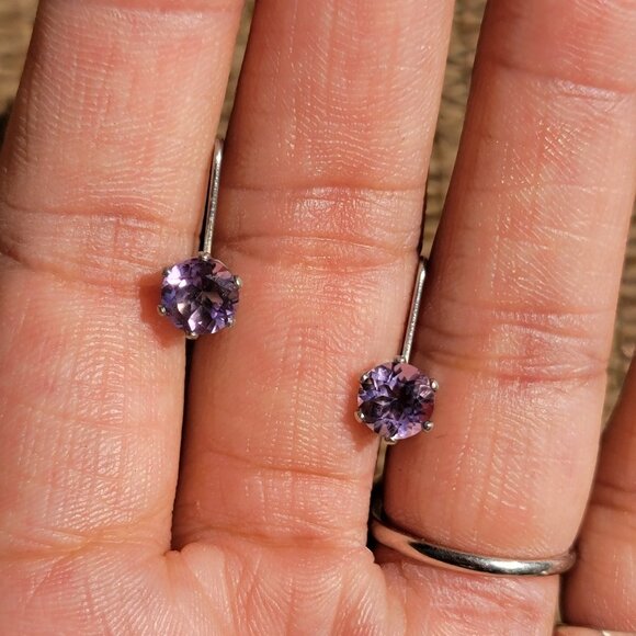 Vintage 925 sterling silver amethyst leverback drop earrings - Picture 10 of 16